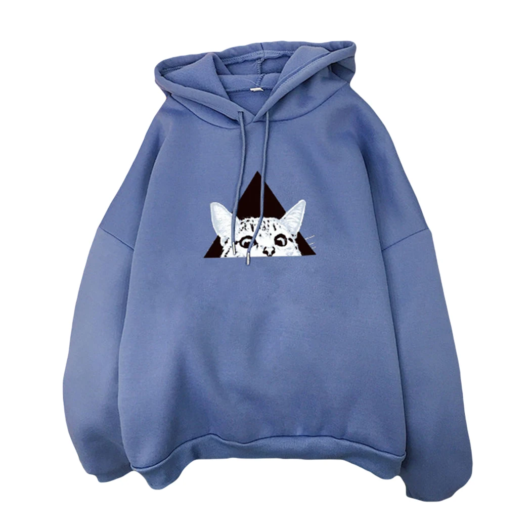 Blue Kawaii, Женская мультяшная толстовка с капюшоном, милые толстовки с принтом кота, Осень-зима, с длинным рукавом, свободная уличная одежда, пуловер, топы - Цвет: Blue