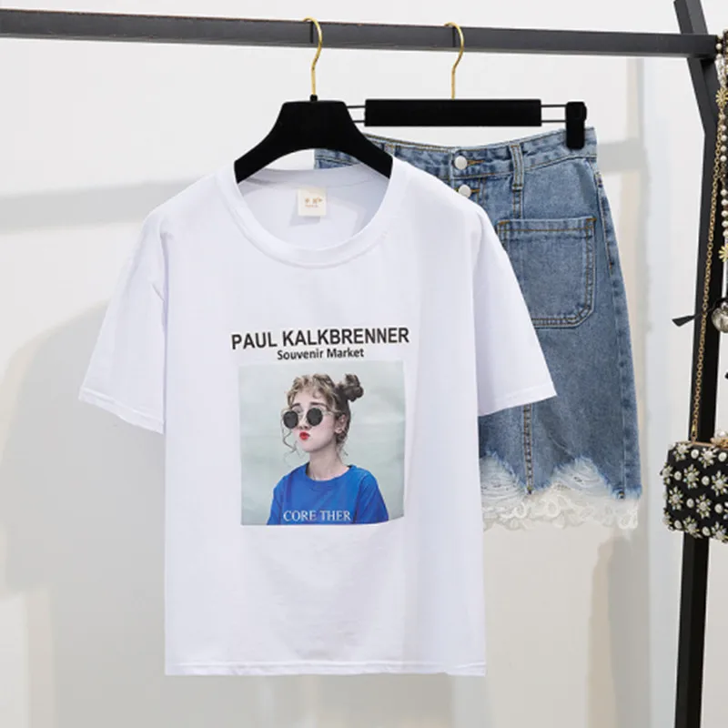 Женский джинсовый костюм с юбкой хлопковая Футболка принтом и кружевная юбка