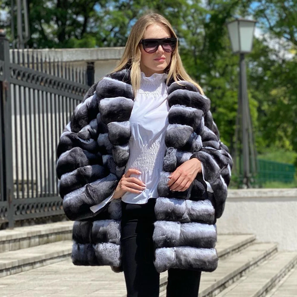 Fashion Chinchilla Color Real Rex Rabbit Fur Coat with Turn-down Collar High Quality Genuine Rex Rabbit Fur Coats Female Outwear enlarge