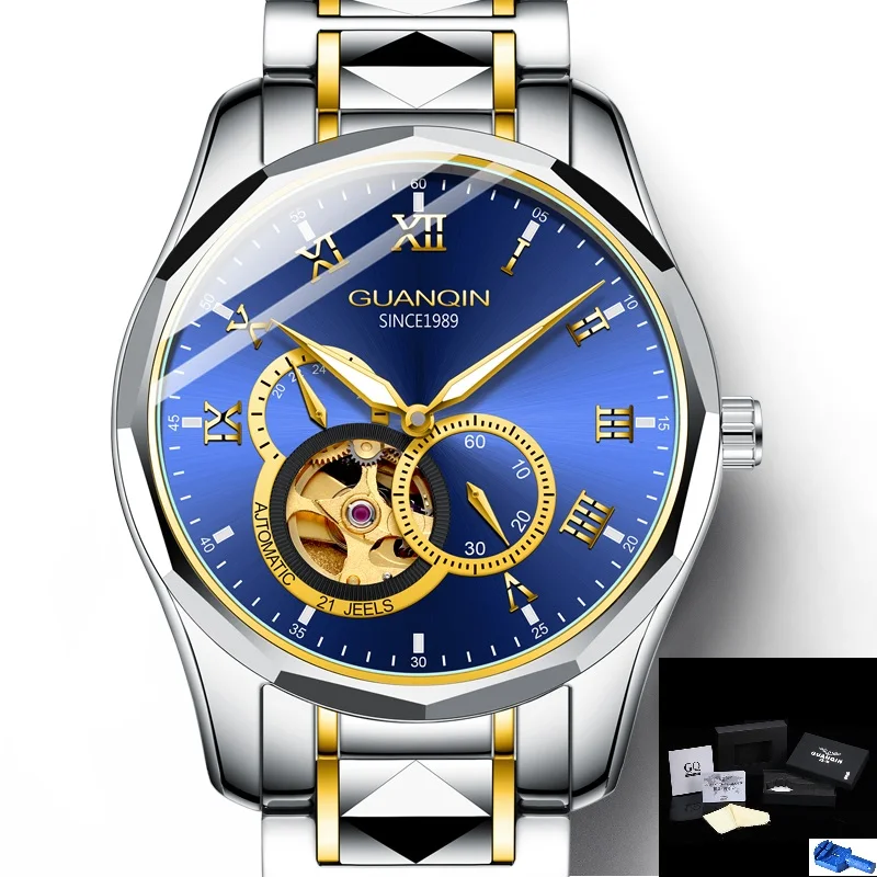 Gold Blue Tool Мужские часы GUANQIN GJ16128 автоматические механические часы Вольфрамовая сталь японский механизм Miyota кнопка скрытая застежка мужские часы - Цвет: Gold Blue Tool