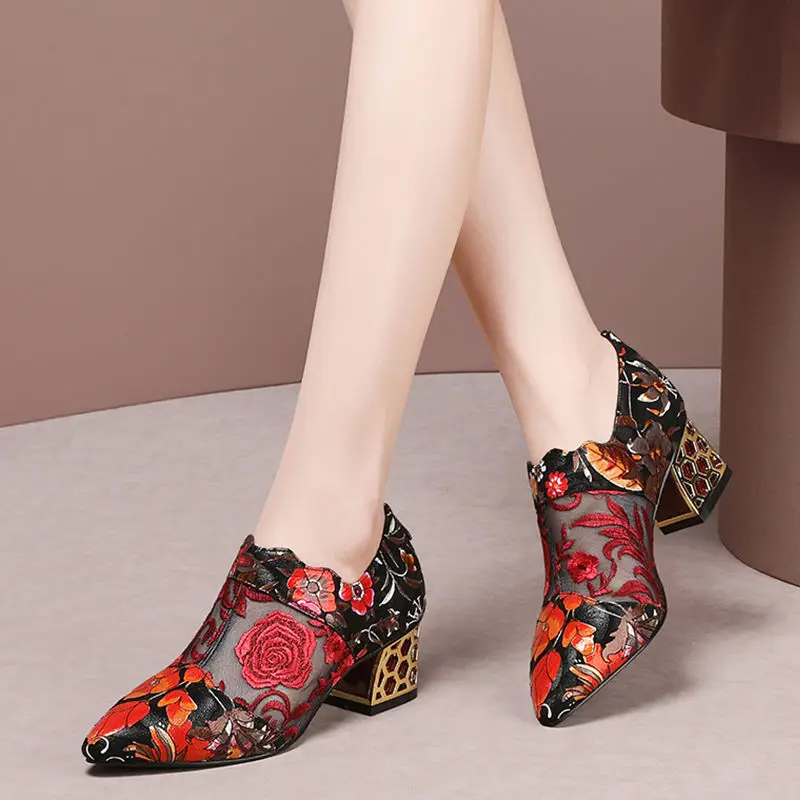 2022 Spring Mesh Shoe Woman,Embroidery Flower High Heels,Ethnic Hand Made Pumps,Pointed toe,Female Footware,RED,BLUE,Dropship