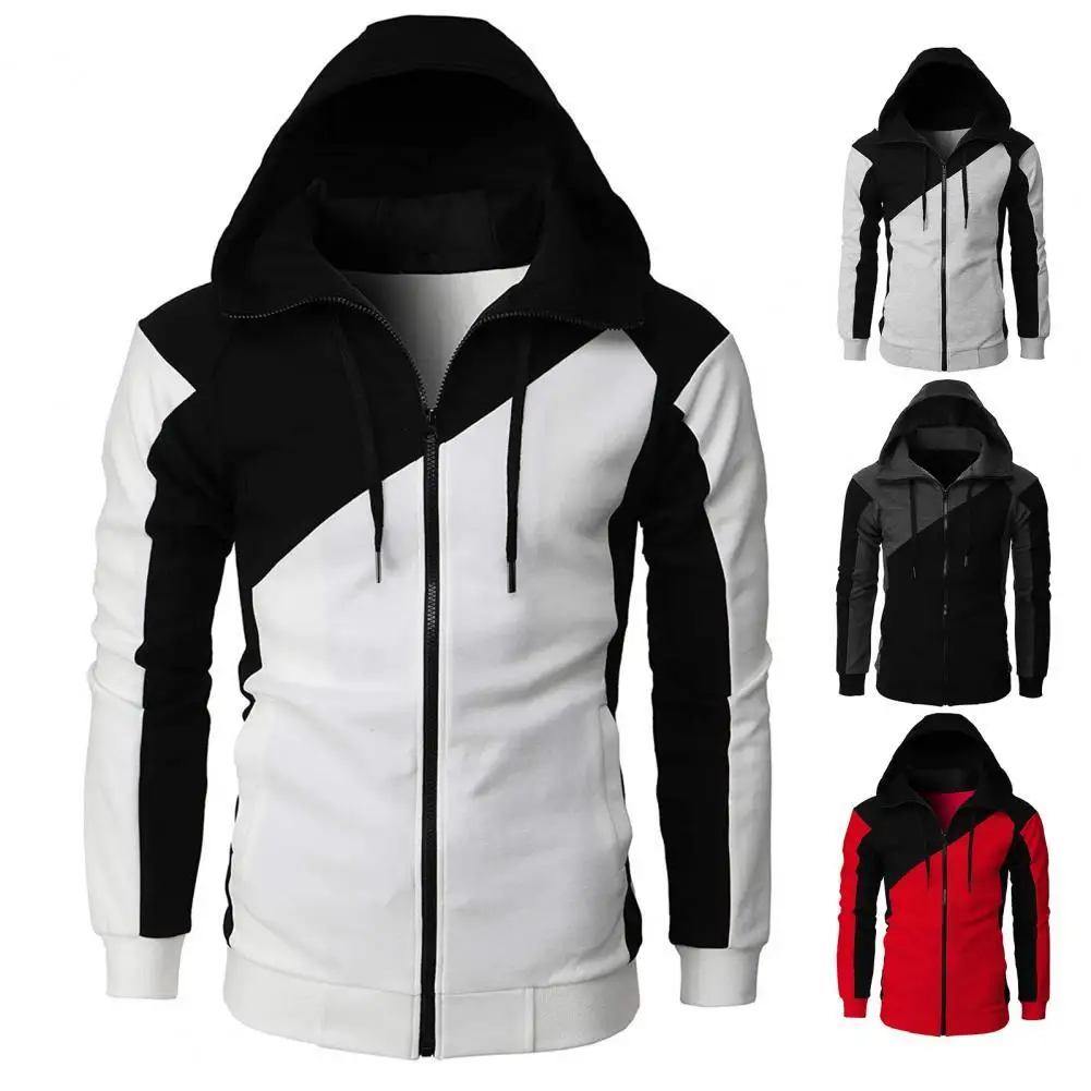 

Hooded Zipper Closure Men Jacket Tracksuit Patchwork Color Slimming Fit Casual Sweatshirt Male Clothing