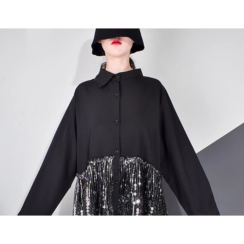 

XITAO Irregular Sequined Dress Fashion Women Pleated Goddess Fan Full Sleeve 2020 Winter Single Breast Minority Dress ZP3336