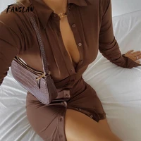 fanslan mini bodycon dress party sexy button v neck long sleeve birthday dresses club solid dress casual vestiods 2021 new