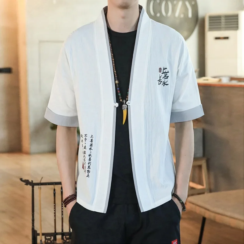 Льняная футболка в китайском стиле на пуговицах мужская летняя рубашка с