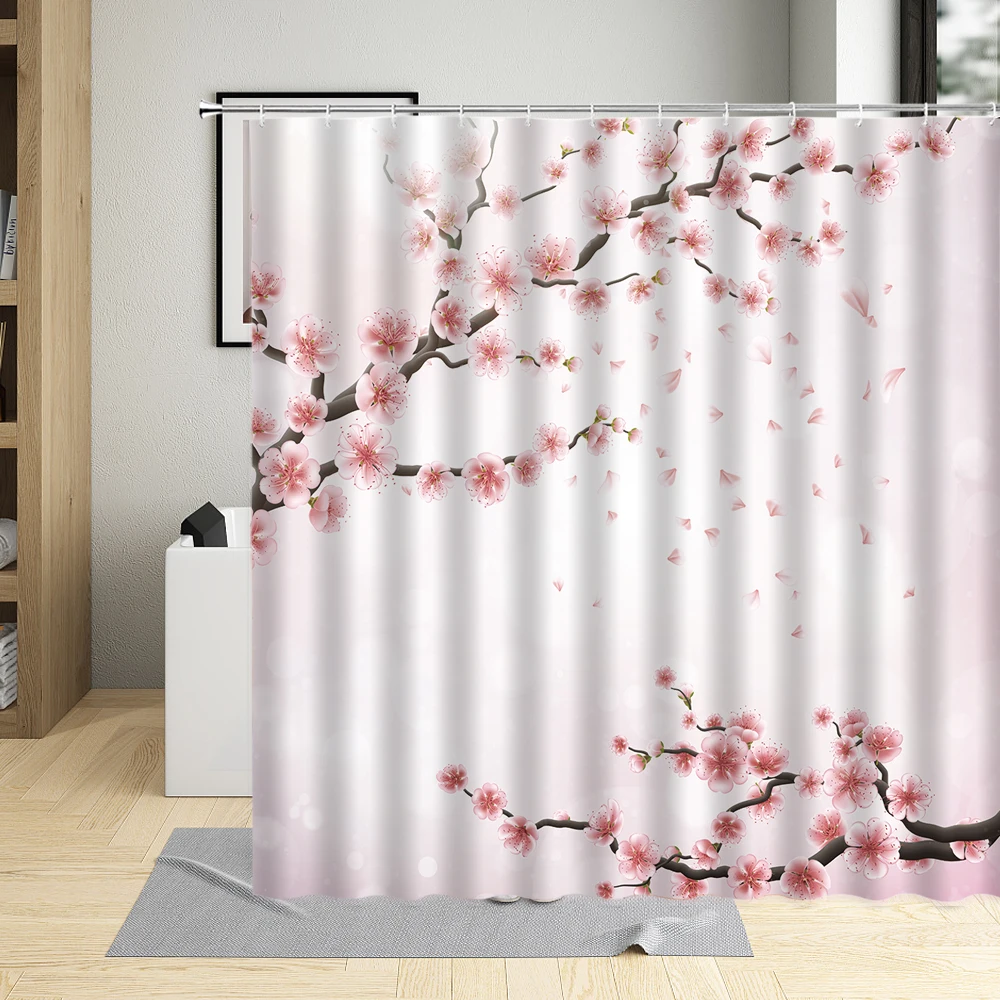 

Romantic Pink Flower Cherry Blossom Shower Curtain Floral illustration Bathroom Decor Plum Blossom Curtains With Hooks polyester