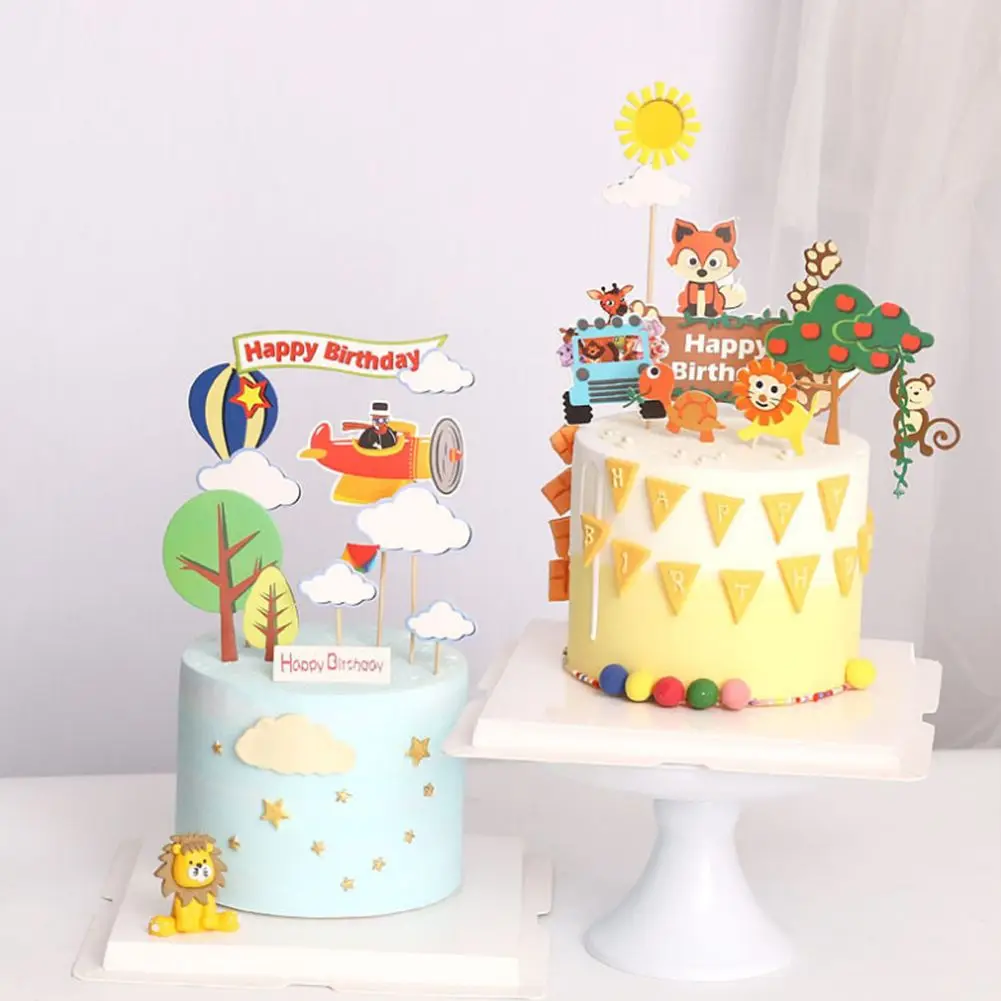 

Cupcake Toppers Tree Sun House Dinosaur Jungle Theme Animal Happy Birthday Cake Topper