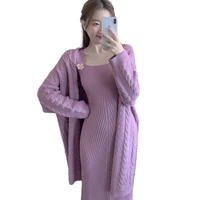 high quality autumn winter casual knitted two piece set women crop top sweater cardigan coat sexy lace up long dress suits
