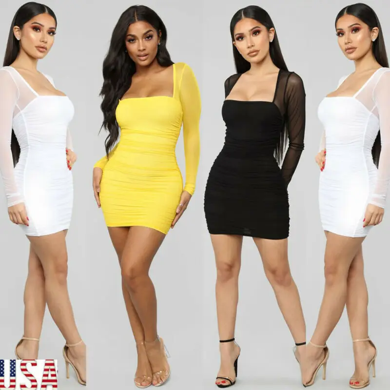 Новое женское сексуальное Сетчатое мини платье с длинным рукавом облегающее