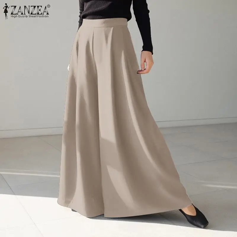 

2021 ZANZEA Casual High Waist Solid Wide Leg Pants Women Elegant OL Trousers Female Work Palazzo Oversized Loose Autumn Pantalon
