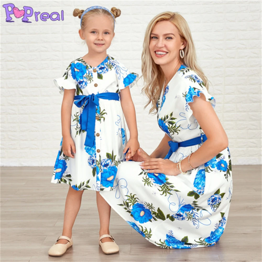 

PopReal Mom And Daughter Dress Summer Girl Mother Kids Outfit Bow Buttons Flowers Print Ruffle Dress Parent-Child Outfit