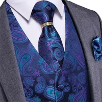 wedding party blue purple paisley floral jacquard waistcoat men 4pcs vest necktie handkerchief ring hanky cufflinks set dibangu