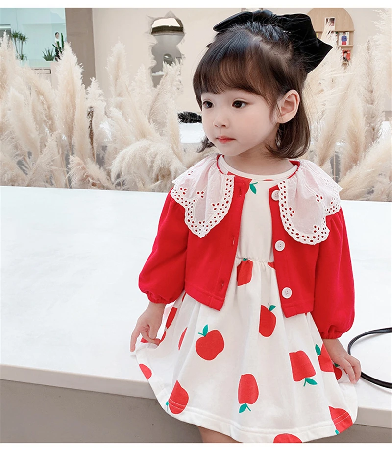 

2pc Toddler princess costume wedding dress girl cotton Sweater coat kids autumn long sleeve Children Clothing wholesale
