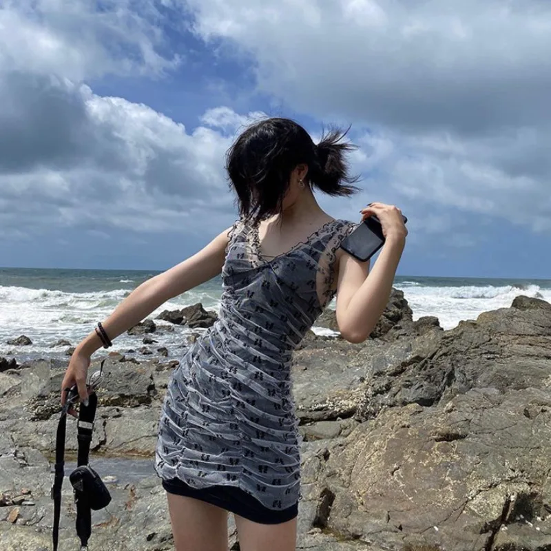 Платье женское Сетчатое без рукавов с V-образным вырезом и высокой талией |