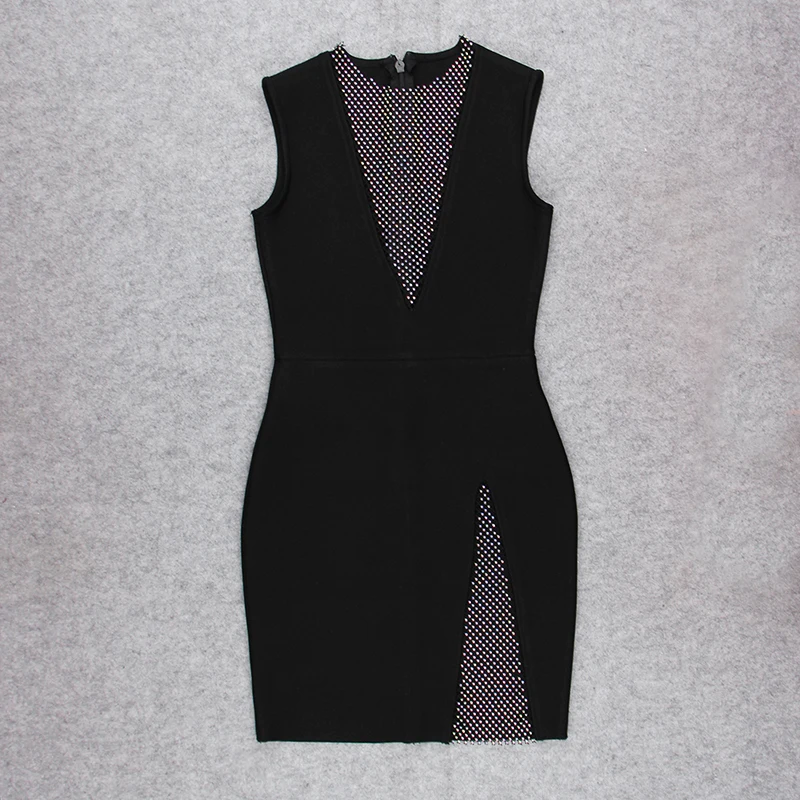 

Summer Sexy Diamond Grid Patchwork Bodycon Bandage Dress Women 2021 Mini Elegant Split Hollow Out Celebrity Evening Party Dress