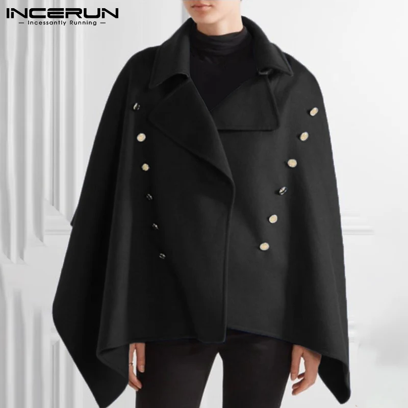 

INCERUN Men Cloak Coats Lapel Double Breasted 2021 Casual Men Ponchos Streetwear Solid Color Fashion Irregular Trench Cape S-5XL