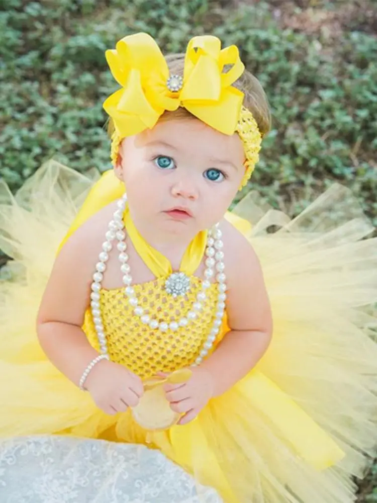 Cute Baby Yellow Tutu Dress Infant Girls Crochet Tulle Dress with Hairbow Set Newborn Birthday Party Costume Photography Dress images - 6