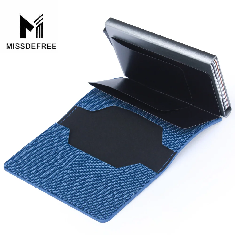 Алюминий бумажник с заднего кармана ID Card Holder RFID Блокировка мини-тонкий металлический кошелек автоматические всплывающие Кредитная карта монет кошелек