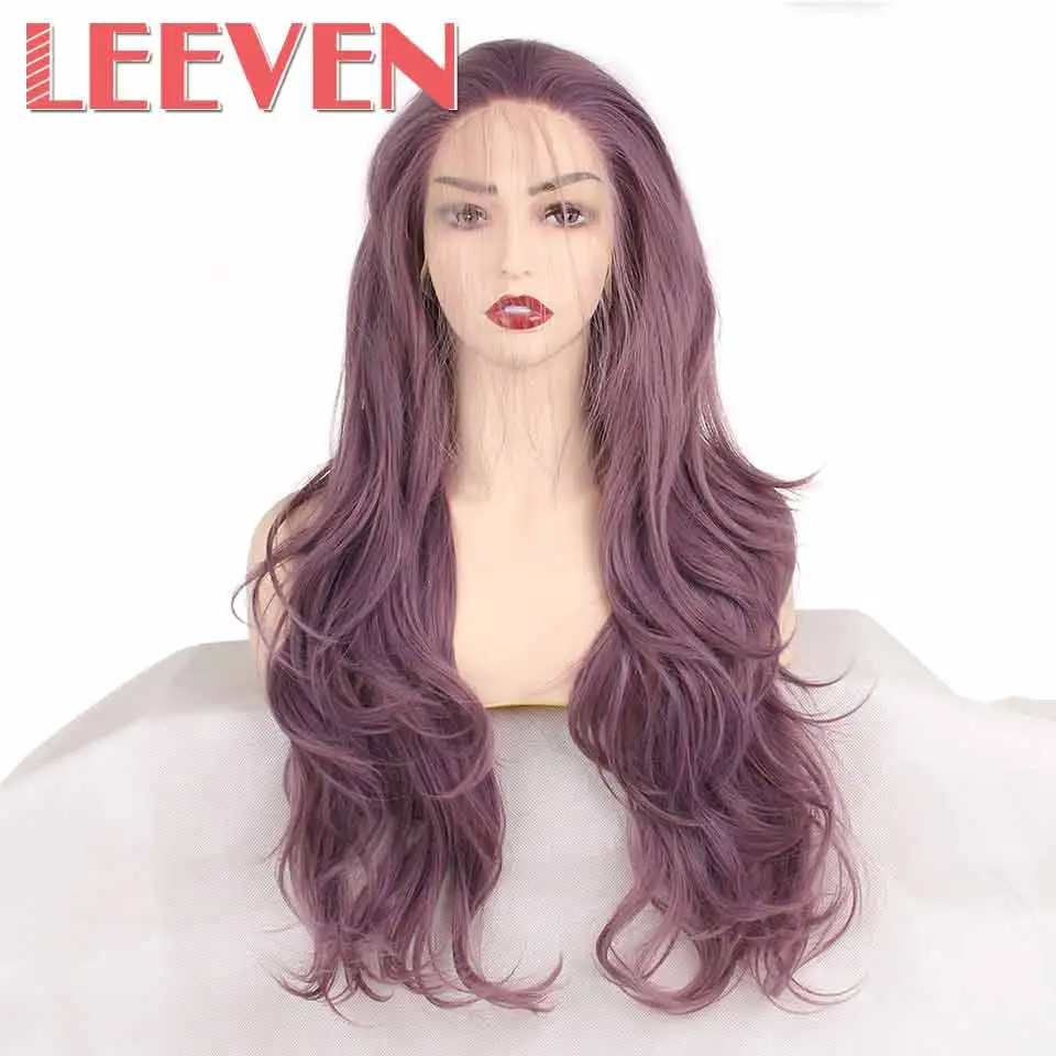 Фиолетовый Leeven, 24 дюйма, розовый, фиолетовый, медный синтетический парик на кружеве, длинные волнистые парики для женщин, 613 блонд, имбирный парик, перрюк, женские волосы - Цвет: Фиолетовый