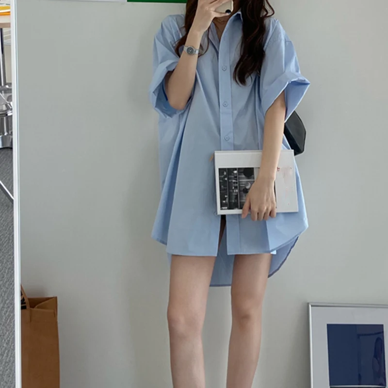 Женская Однотонная рубашка оверсайз Повседневная Корейская Короткая Длинная