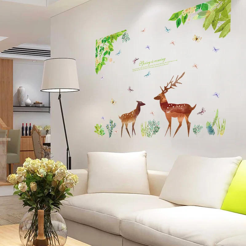 

Green Leaf Deer Wall Stickers Sofa Corridor Living Room Entrance Bedroom Wall Decorative Wallpaper PVC Painting Poster Decals