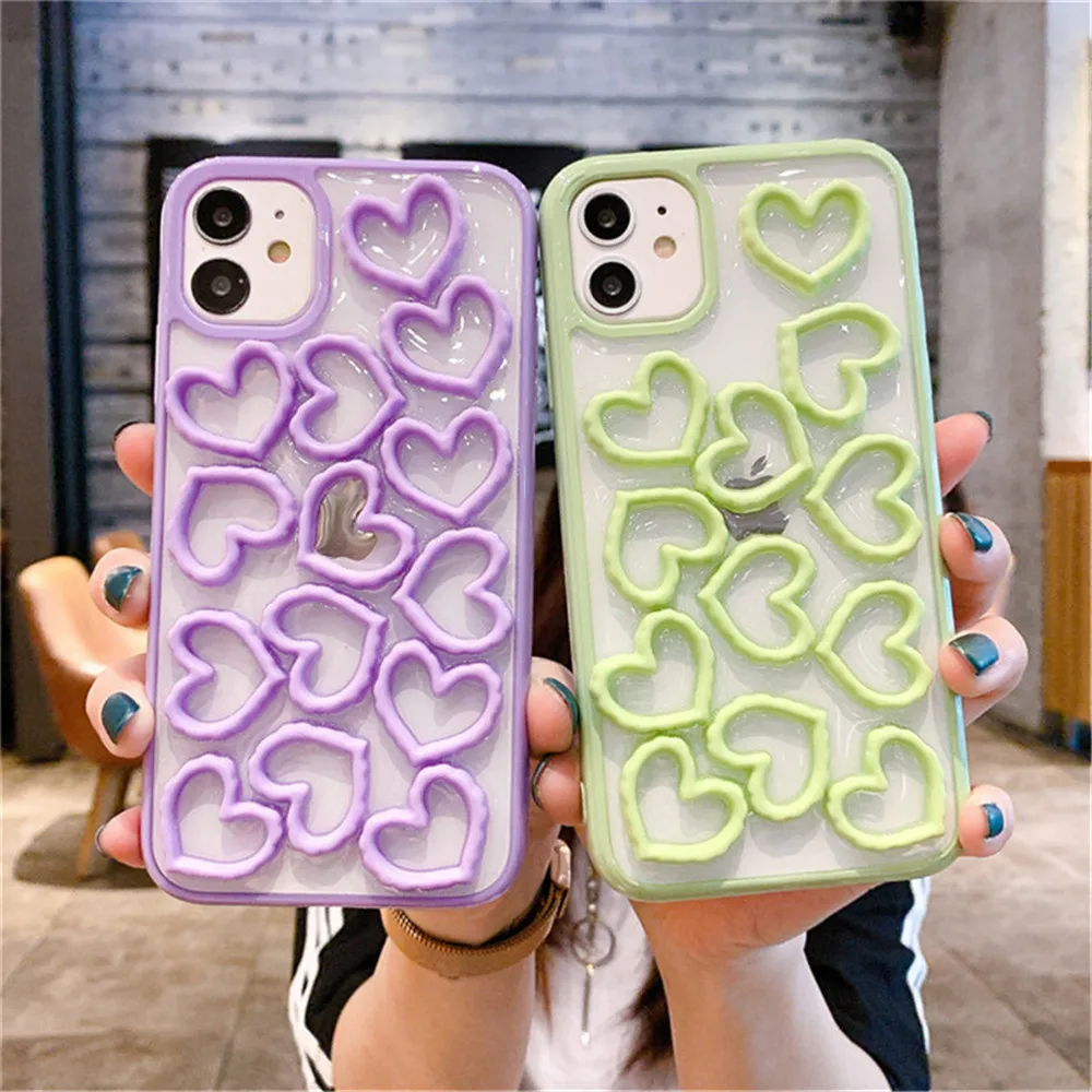 

Creative 3D Love Heart Phone Case For iPhone 12 Pro Mini 11Pro Max X XR XS Max 7 8 Plus SE 2020 Solid Color Soft TPU Clear Cover