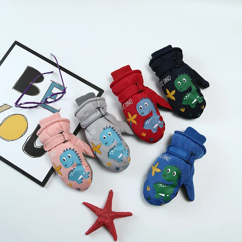 

Children's Warm Gloves Cartoon Dinosaur Printing Plus Velvet Thickening Winter Outdoor Riding Cold-proof Mitten Ski Gloves 2022