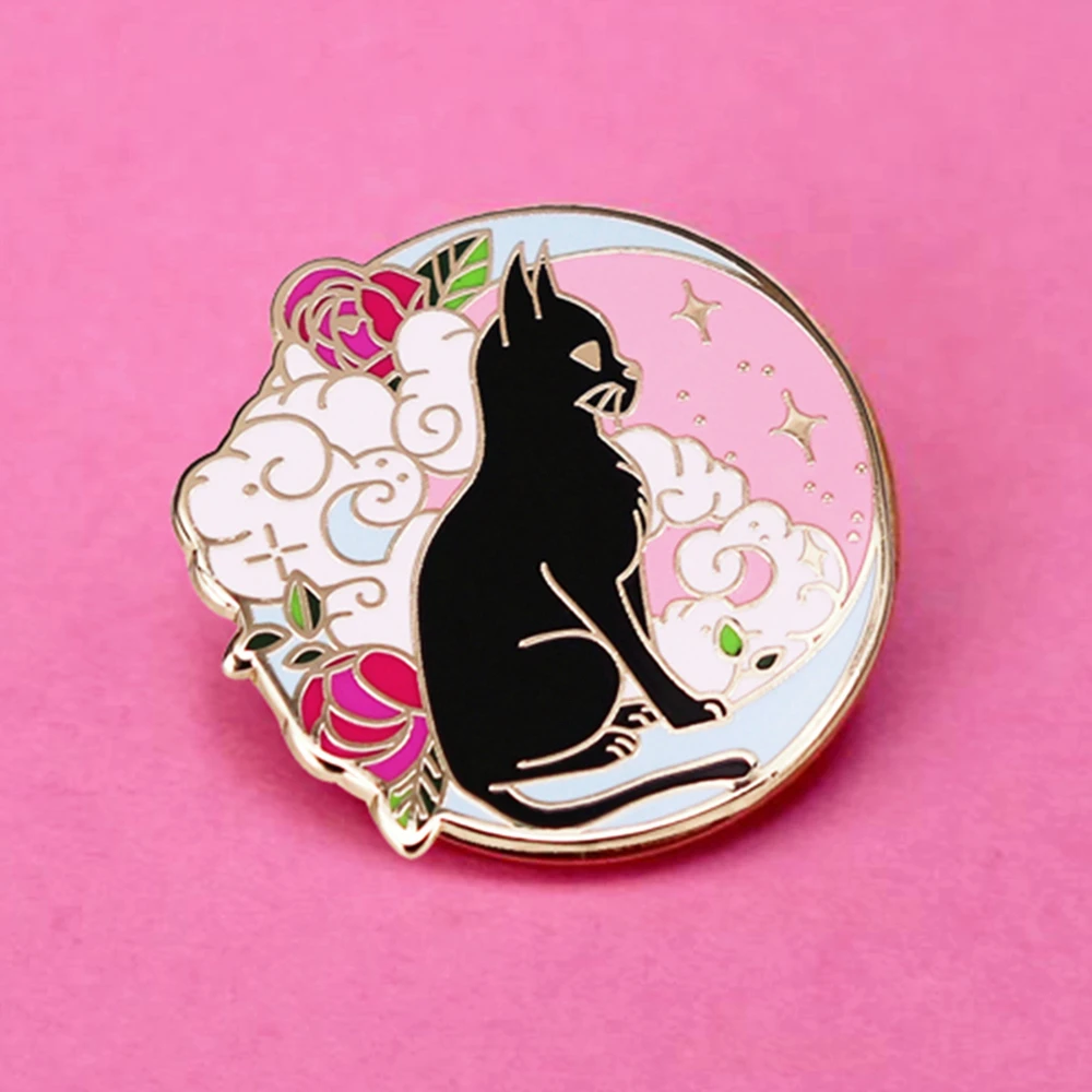 

Beautiful Starlight Clouds Moon Kitty Hard Enamel Pin Fashion Pastel Flowers Lapel Pins Cartoons Animal Black Cat Brooch Badge