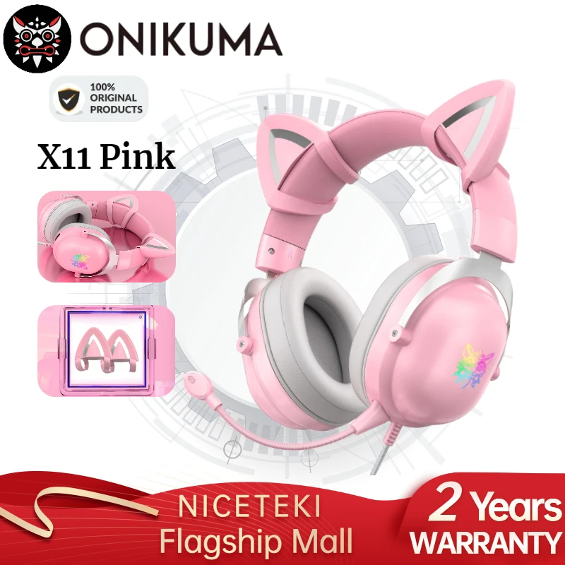 Online ONIKUMA X11 Pembe Oyun Kulaklığı çıkarılabilir Kedi Kulaklar