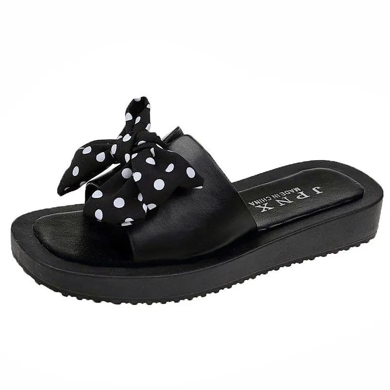 

Flat Shoes Female Low Slippers Women Summer Slides Big Size Pantofle Butterfly-Knot Soft Rubber 2021 Hoof Heels Fabric PU Butter