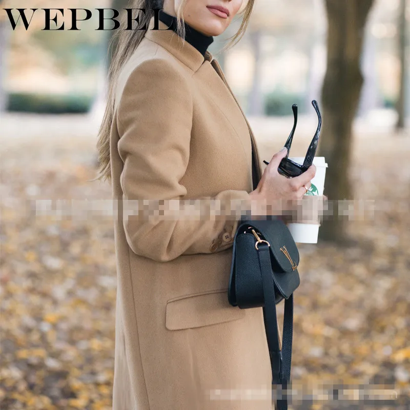 

WEPBEL Women's Autumn and Winter Fashion Solid Color Stand-up Collar Woolen Coat Mid-length Cardigan Coat Jacket