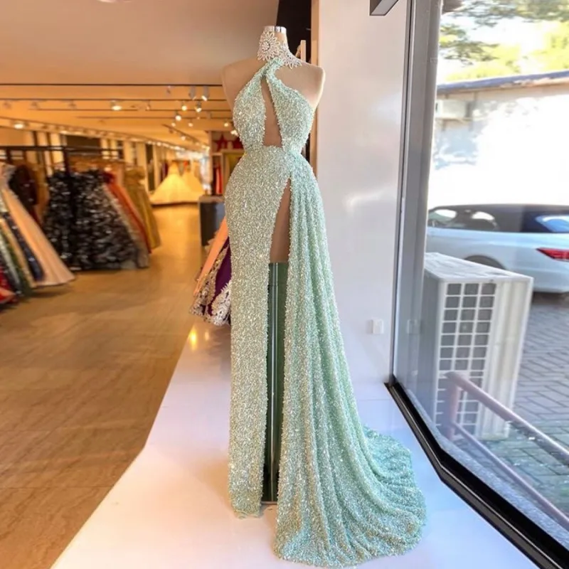 

Mint Color High Neck Prom Dresses Sexy High Split Mermaid Evening Gowns Sweep Train Robe De Soiree Backless Formal Party Dress