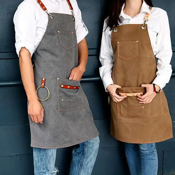 

Canvas Apron Bib Leather Chef Kitchen Apron for Women Men Barista Bartender Pockets Home Barber Cook Coffee Restaurant