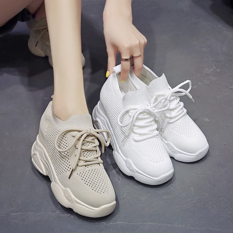 Fashion 2022 Autumn High Platform High Heels Women Thick Sole Shoes 10CM Heels Wedge Sneakers Breathable Mesh Casual Shoes Woman