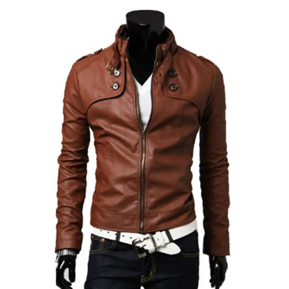 

Men Jacket 2021 Solid Color Autumn Coat Stand Collar Smooth Faux Leather Autumn Coat for Daily Wear