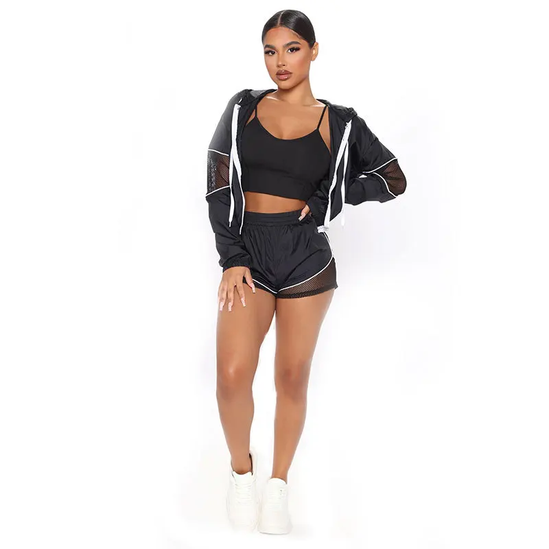 

Women Mesh Patchwork Jackets Tanks Tops Jogger Shorts Suit Active Wear Tracksuit Three Piece Matching Set Fitness Outfit
