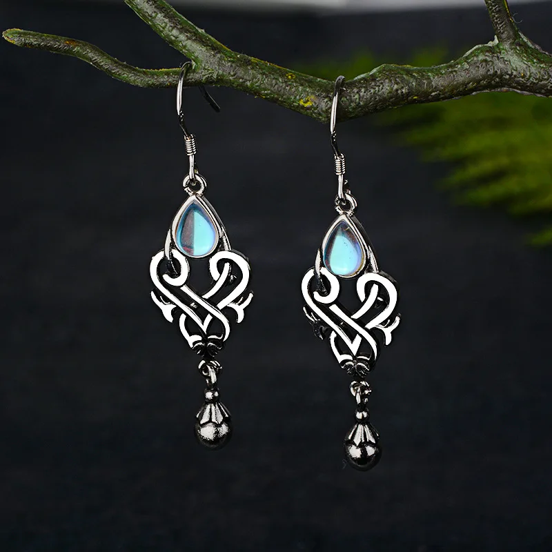 

925 Vintage Thai Silver Colorful Moonstone Earrings Creative Water Drop Pear Shaped Earrings Party Gift Jewelry Ring Wholesale