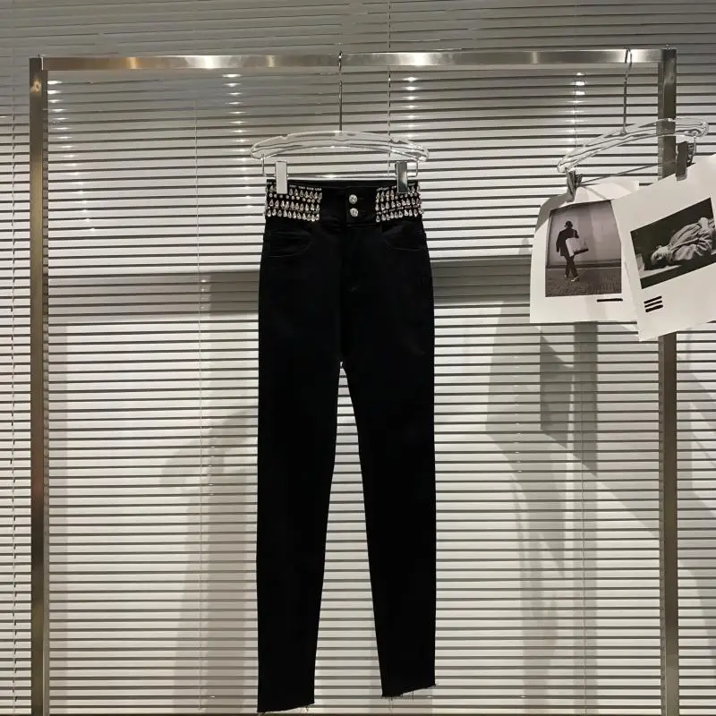 

New Womens Diamonds Design Elegant Stretch Slim Vintage Jeans Pockets Zippers Skinny Pants Korean Style Fashion Pencil Pants