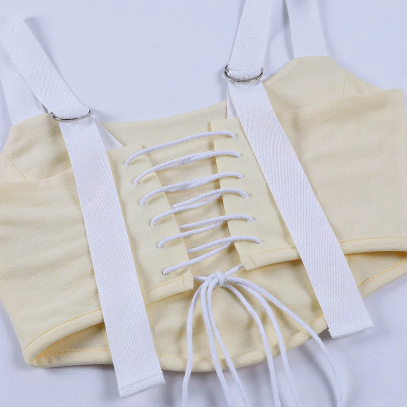 

Fashion Embroidered Corset Top Women 2021 Summer Straps Sleeveless Crop Top Sexy Cross Bandage Short Tank Top Camis