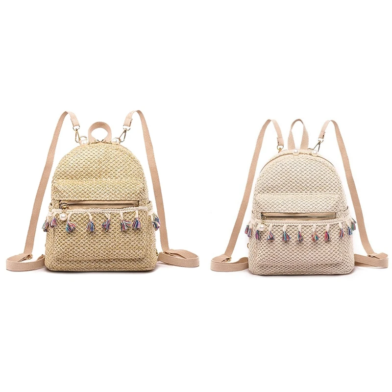 

Ladies Backpack Teen Girl Beach Straw Woven Tassel Female Casual One-Shoulder School Bag