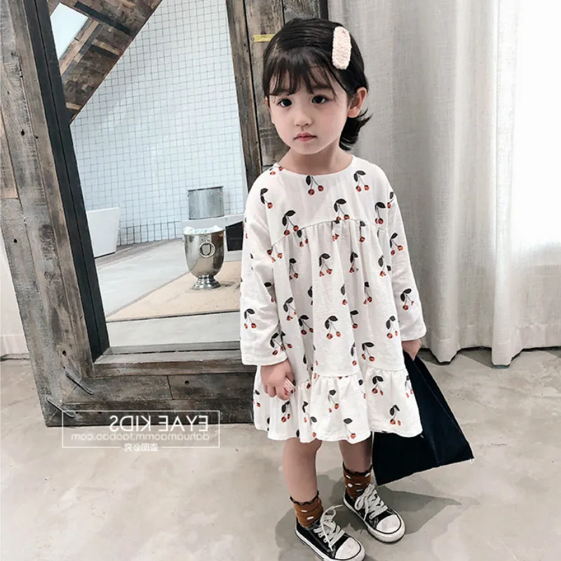 2022 autumn pure cotton cute cherry printed long sleeve princess dresses for girls children kids loose casual dress | Детская одежда и