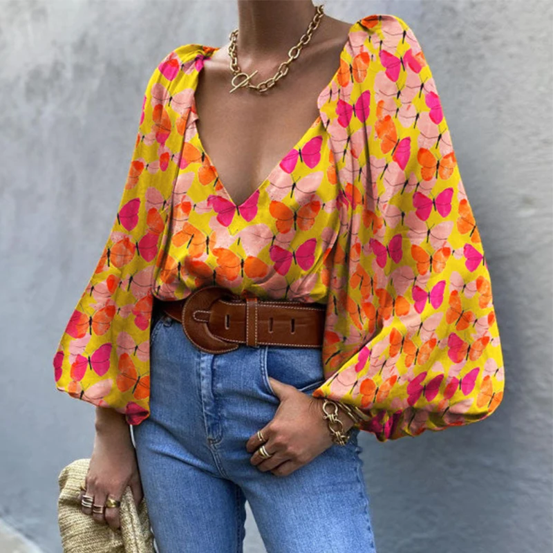 

Elegant Women Butterfly Printed Long Sleeve Blouse Shirt V Neck Tops