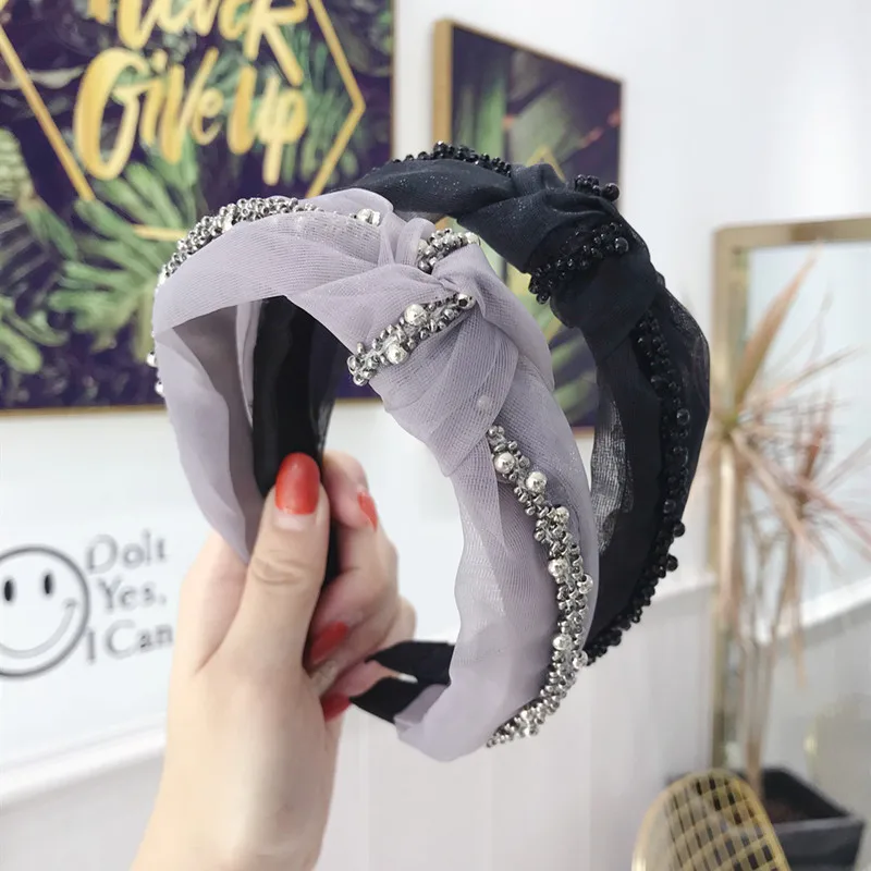 Корейские модные женские жемчужные бусы пряжа средняя завязанная лента для волос Твердые аксессуары для волос повязка-корона для девочек банты для волос