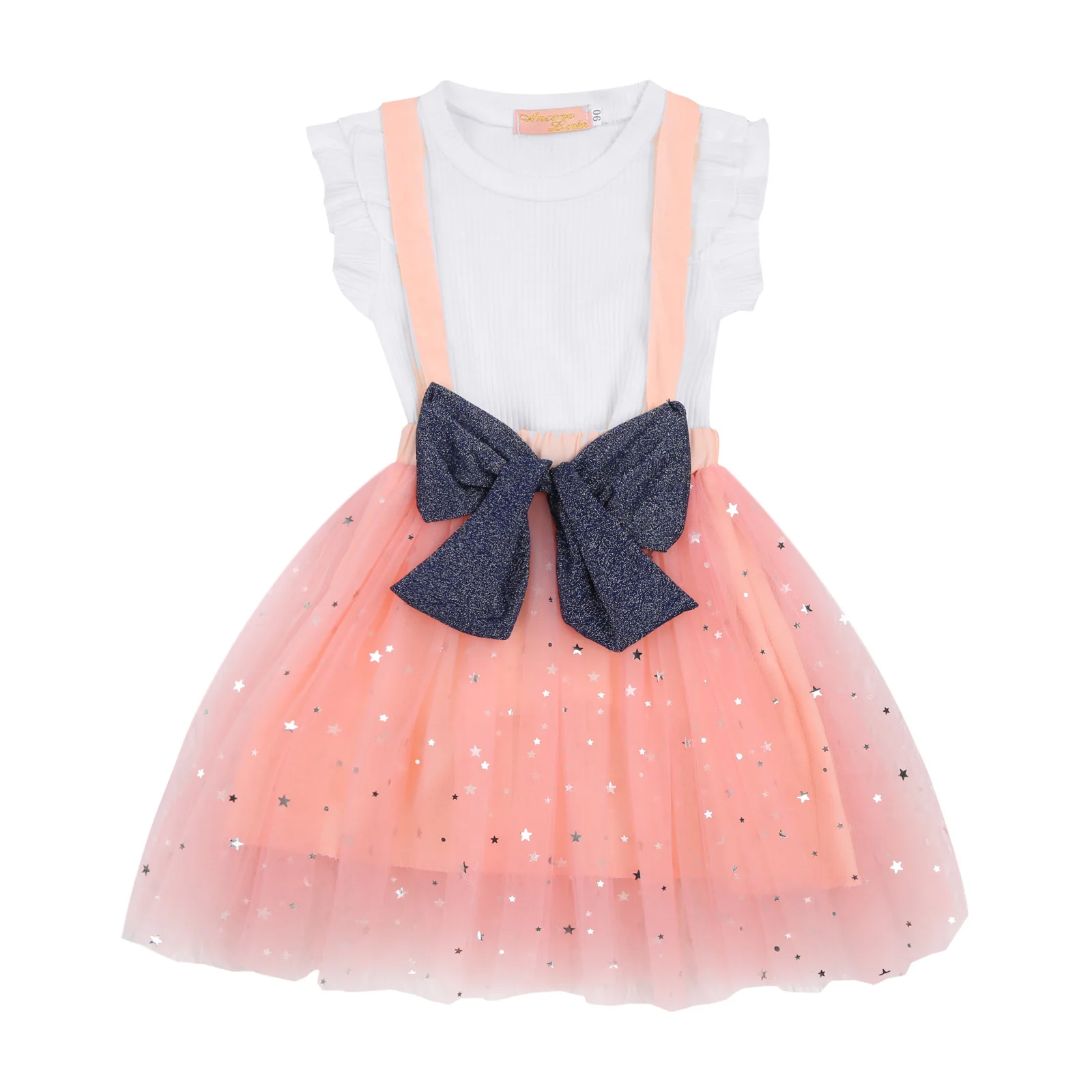 

Girls Skirt Two Pieces Suit Fresh Solid Color Fly Sleeve Pullover Tops and Sequin Suspender Gauze Skirt 2021 New