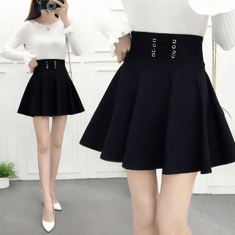 

2022 Summer New Korean Black Short Skirt High Waist Slim Simple Casual Loose Elegant Women A-line Pleated Skirt Free Shipping