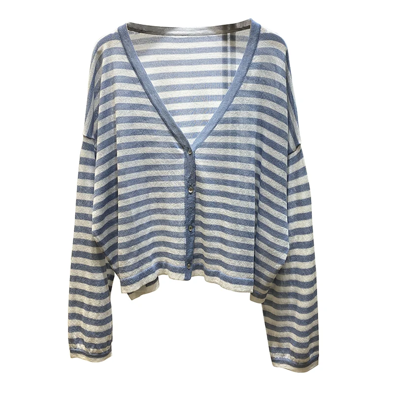 

V-neck Striped Knitted Cardigan for Women Summer Loose Short Long Sleeve Sun Protection Shirt for Air Conditioned Rooms Jacket