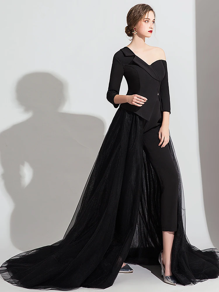 Элегантные вечерние платья длинный черно белый комбинезон с длинными рукавами