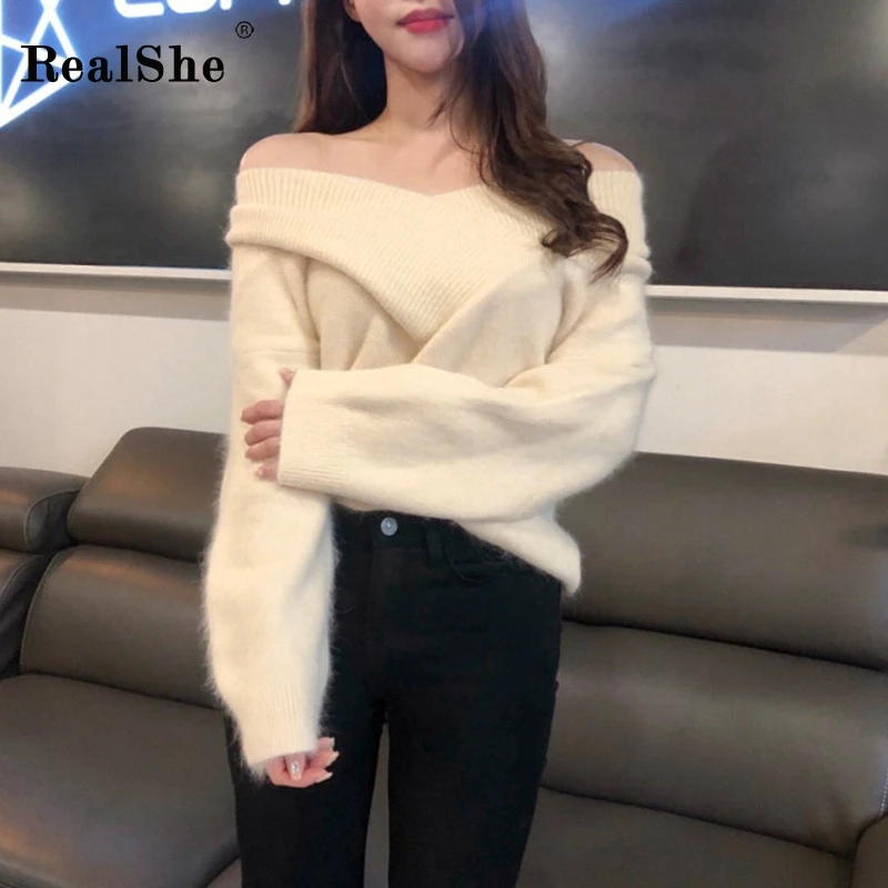 RealShe женский свитер с длинным рукавом 2020 вырезом лодочкой однотонный кашемировый