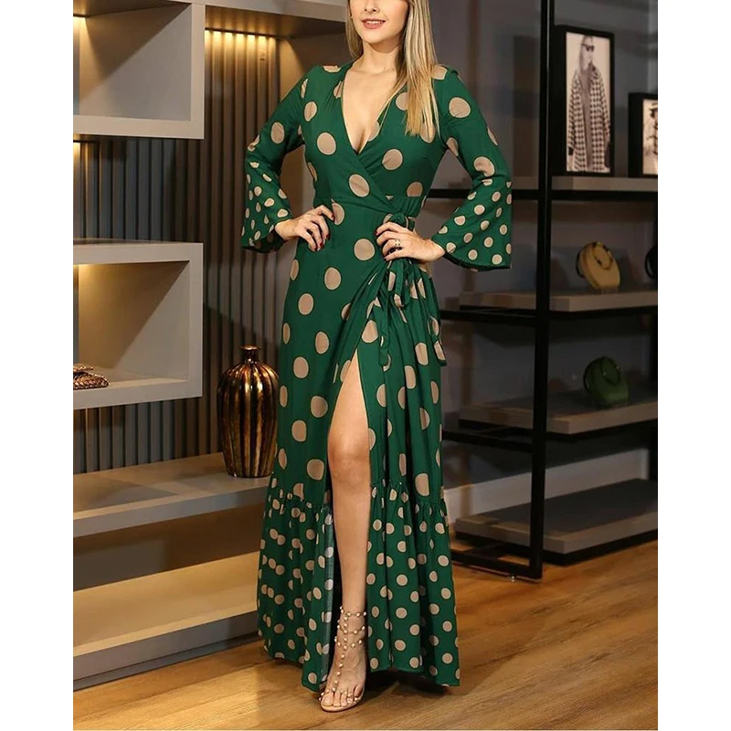 

Платье-туника женское в горошек, с глубоким V-образным вырезом и Расклешенным рукавом, повседневное, для лета, 2021