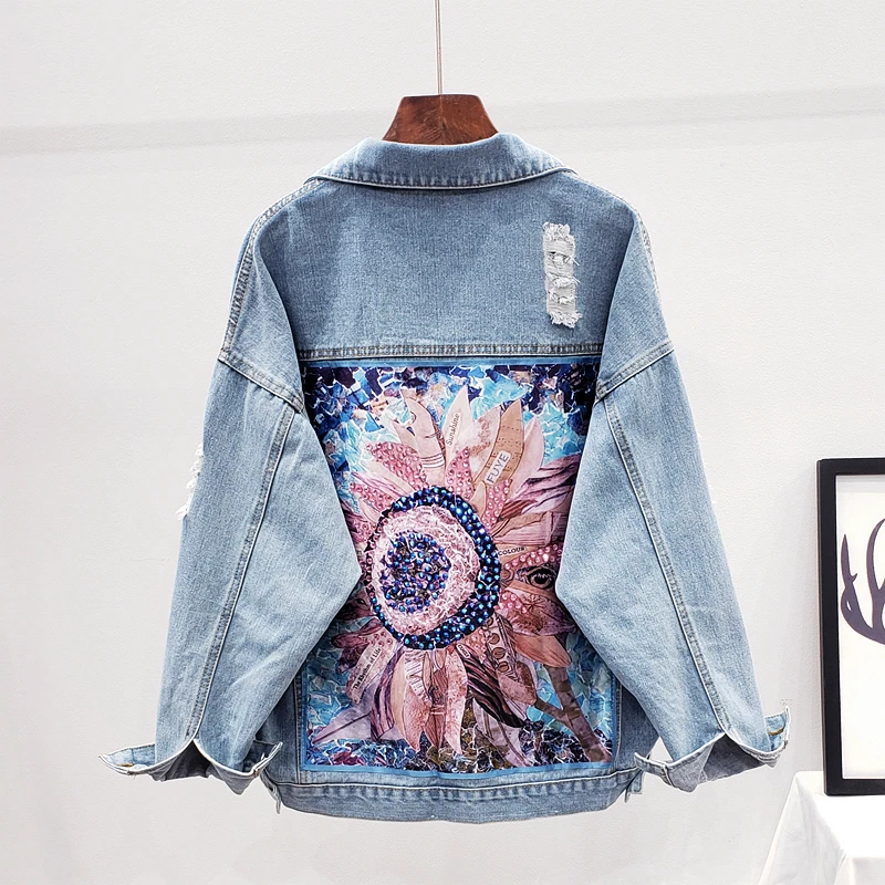 Boho Denim Jacket For Women Frayed Holes Sequin Floral Appliques Embroidery Jeans Jacket Coat Loose Long sleeve Outerwear Female
